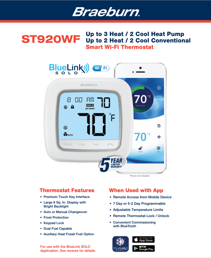 Braeburn ST920WF BlueLink Solo Thermostat