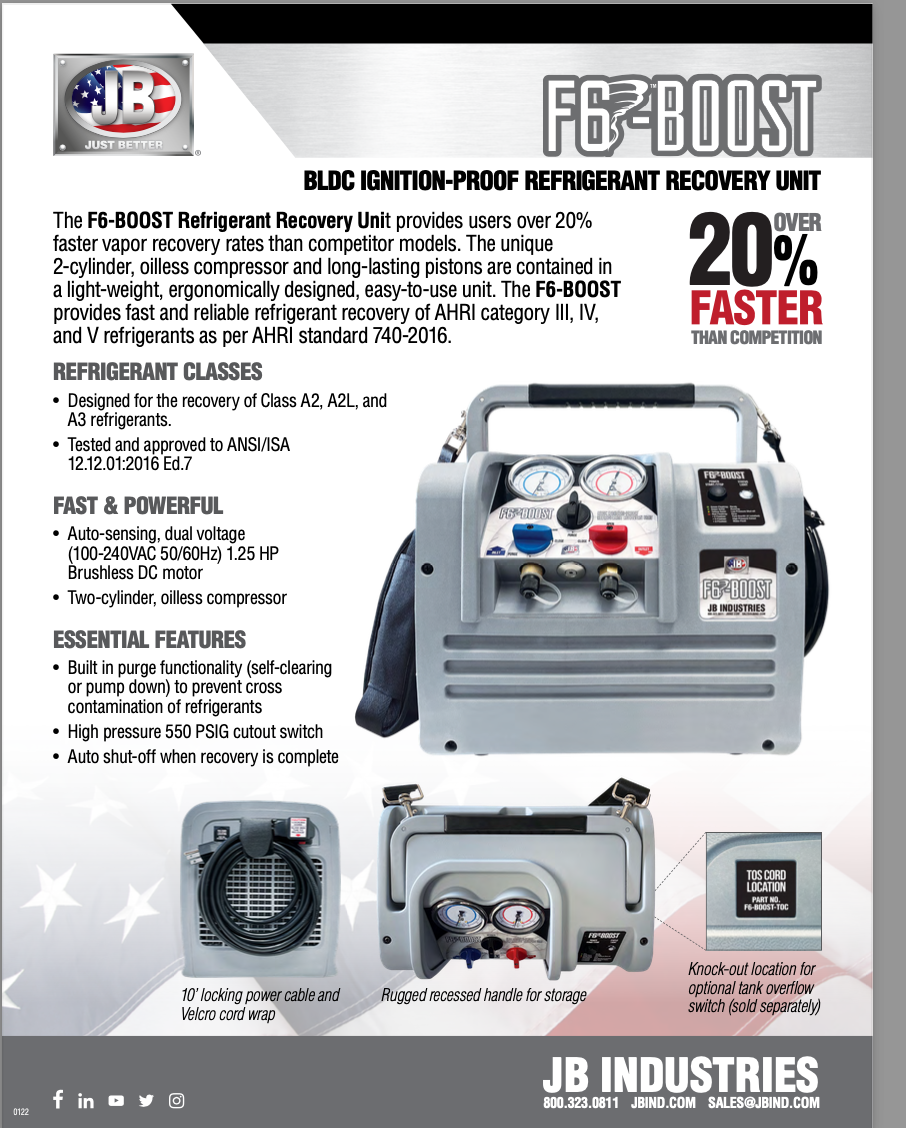 JB Industries F6-Boost BLDC Ignition-Proof Refrigerant Recovery Unit