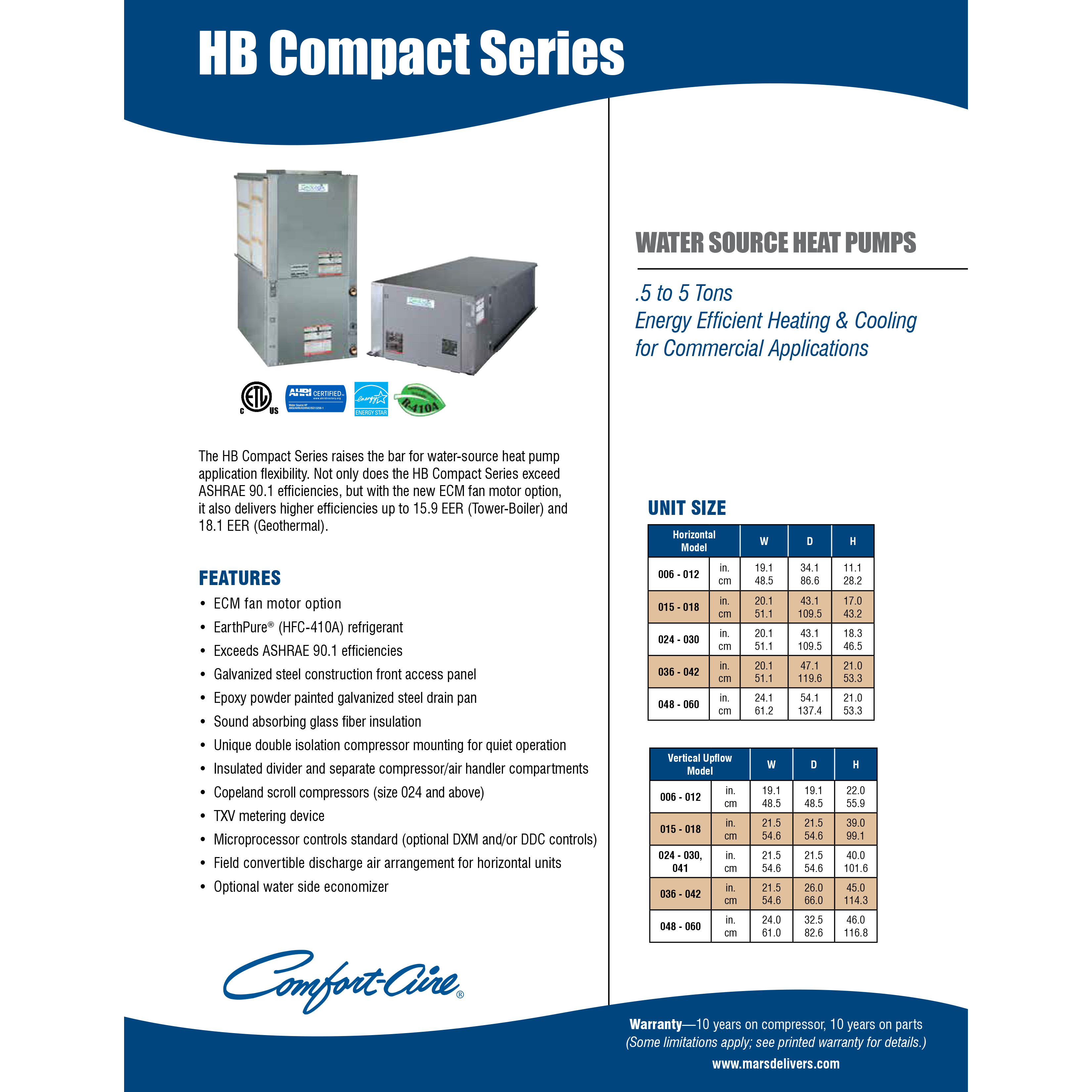 Comfort-Aire Water Source Heat Pump HB Compact Series Brochure