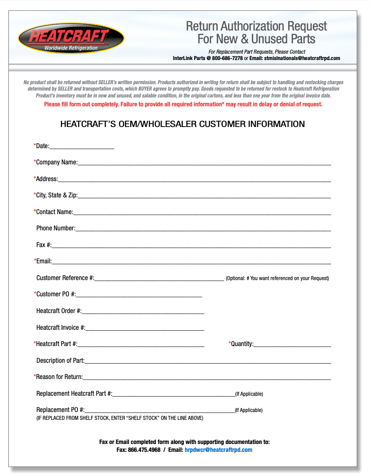 Warranty - Heatcraft Return Authorization Request
