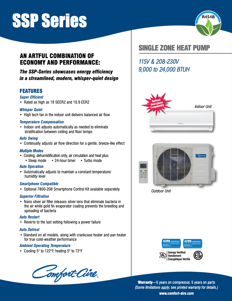 Comfort-Aire SSP Series Single Zone Heat Pump
