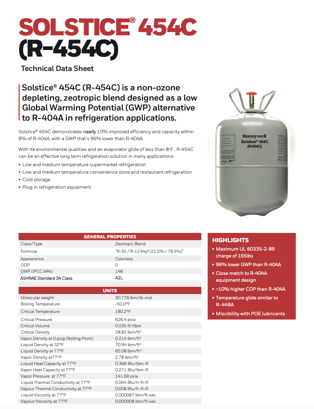 Honeywell Solstice 454C Technical Data Sheet