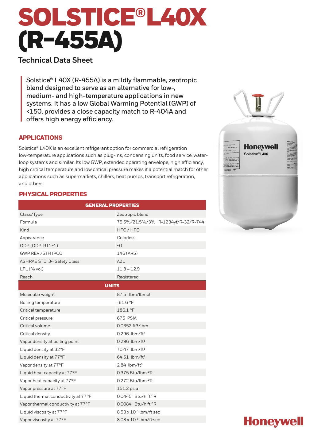 Honeywell Solstice L40X Technical Data Sheet