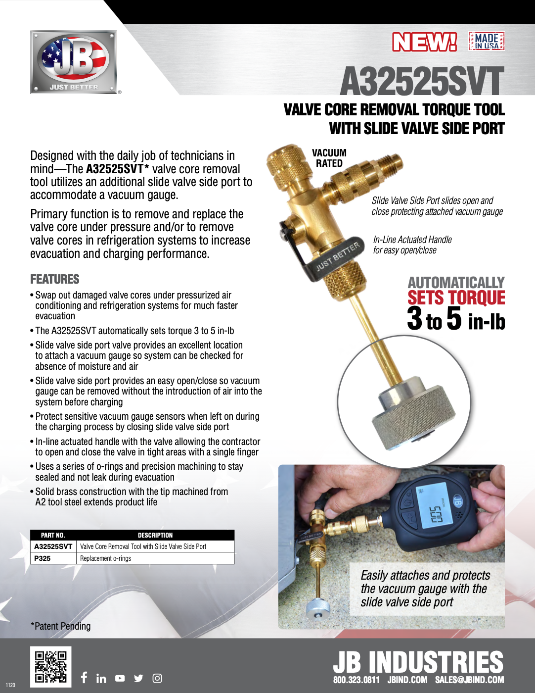 JB Industries A32525SVT Valve Core Removal Torque Tool