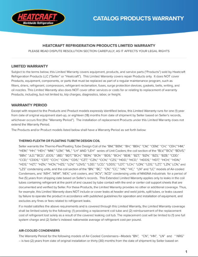 Warranty - Heatcraft Catalog Warranty